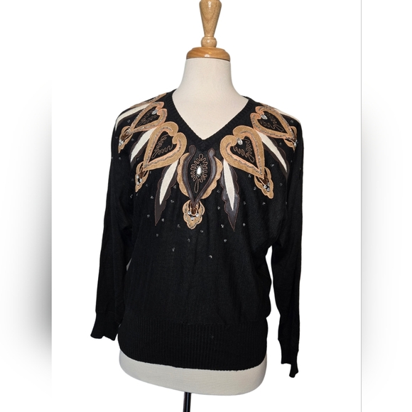Vintage 80s Wool Blend Black V Neck Sweater Western GrannyCore Bling Embroidered - Picture 3 of 9